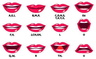 Beautiful female lip sync collection for mouth animation phoneme mouth chart alphabet pronunciation