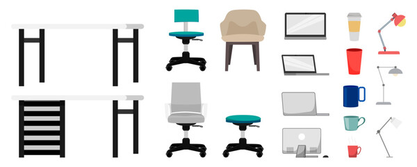 Home office elements and equipment's with chair table pc computer laptop with cabinet and drawer isolated on white background
