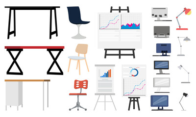 Home office elements and equipment's with chair table pc computer laptop with presentation board table lamp