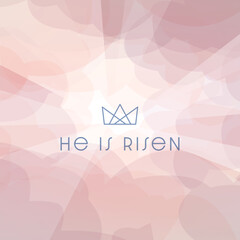 Naklejka premium He is Risen under crown icon, with multi-colored clouds with bright sun rays shining through. Symbolizing the resurrection of Jesus Christ. Easter social media square card.