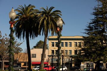 Arcata, California, USA - November 22, 2021:  Morning light illuminates beautiful historic downtown...