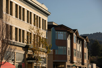 Arcata, California, USA - November 22, 2021:  Morning light illuminates beautiful historic downtown...