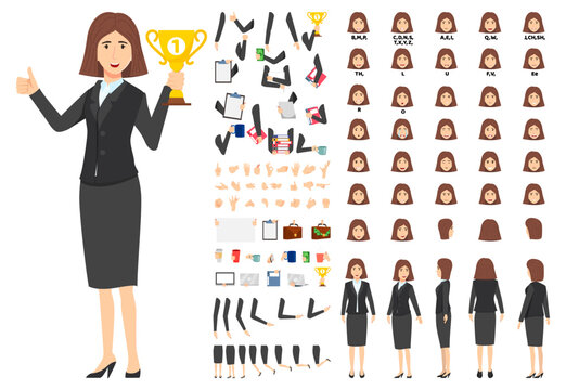 Businesswoman character set front, side, back view animated character creation set with various views, face emotions, poses and gestures lip sync for mouth animation isolated