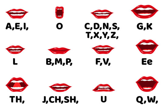 Cute female lip sync collection for mouth animation phoneme mouth chart alphabet pronunciation isolated on white background