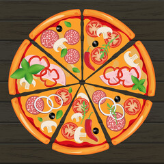 Fresh pizza with tomatoes, mushrooms, olive oil, sausage, pepper, and basil. Traditional Italian fast food. Food with a view to the top. European snack. wooden background