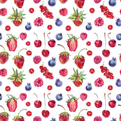 Seamless pattern watercolor strawberry cherry raspberry blueberry cranberry isolated on white background. Hand-drawn sweet summer slice berries food. Red fruit dessert for menu. Set for cookbook