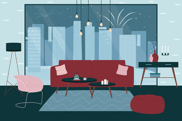 Living room interior with furniture for home apartment vector illustration. Cartoon cozy sofa, lamp, contemporary picture with panoramic city landscape, armchair in contemporary Scandinavian design