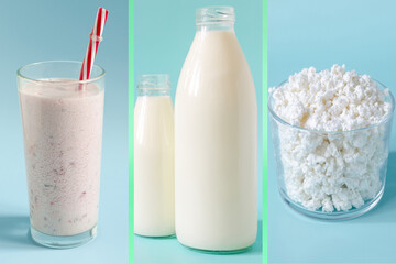 Collage of dairy products. Milk, cottage cheese and milkshake on a light background set of bright pictures.