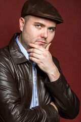 Portrait of european man looking at camera while touching his chin with strong personality and self confidence wearing a leather cap and jacket isolated on studio red background.