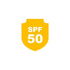 Sun protection SPF 50 simple flat icon vector. SPF 50 icon. Shield icon