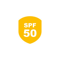 Sun protection SPF 50 simple flat icon vector. SPF 50 icon. Shield icon