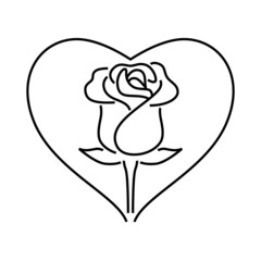 Rose flower line drawing with heart on white background. Logo design template in trendy linear minimal style. Vector illustration.