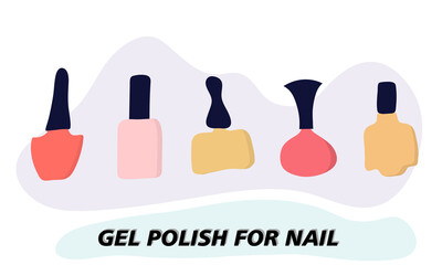 A set of jars with gel nail polish. Objects and materials for a beauty and fashion salon. Vector illustration.