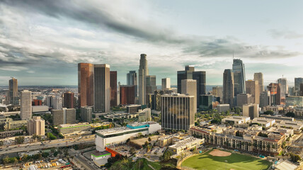 Fototapeta na wymiar Los Angeles downtown skyline, panoramic landscape. Los angels city, downtown top aerial view with drone.