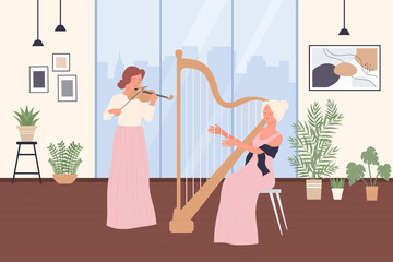Art class with musicians. Girls artists in elegant dress holding violin and harp to play classical music, female violinist and harpist flat vector illustration. Entertainment, education concept