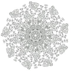 Monochrome mandala of floral and abstract elements for relaxation. Curly pattern of flowers, branches and leaves on a white background for coloring.