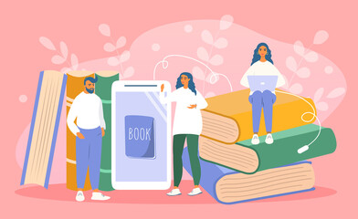 vector hand drawn illustration in flat style on the theme of e-books, audiobooks, online reading. Large stacks of books and people reading from smartphones and laptops.