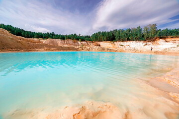 beautiful turquoise color of water in a kaolin quarry near the city of Kyshtym, Chelyabinsk region...