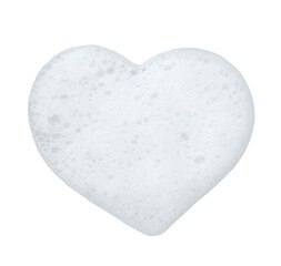 heart shape of white facial skin care foam creamy bubble soap sponge on white background. love or...