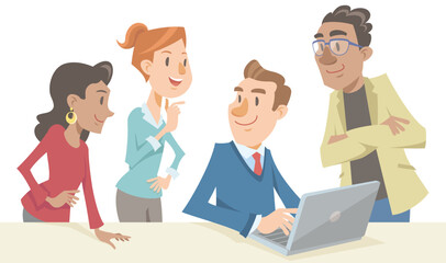 Diverse business team having a meeting at the desk. Vector illustration in flat cartoon style on white background.