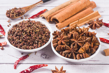 traditional spices anise star ,cinnamon sticks and pepper on wood table