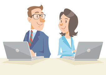 Two business person working on laptops. Look at each other and smile. Vector illustration in flat cartoon style.