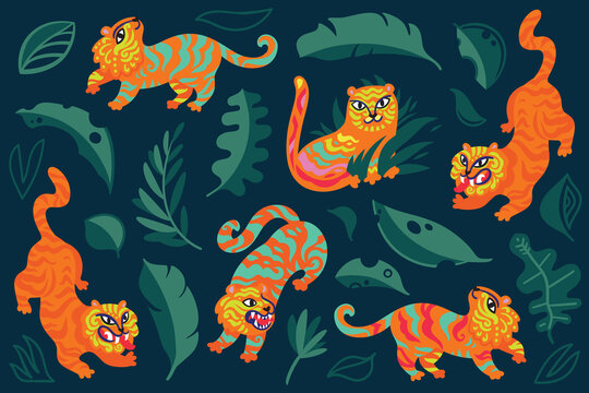 Chinese tigers characters with leaves and tropical elements. Vector illustration