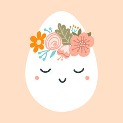 Illustration cute easter egg in pastel colors. Spring character with wreath flowers. Vector