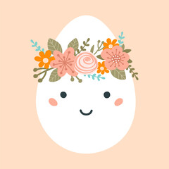 Illustration cute easter egg in pastel colors. Spring character with wreath flowers. Vector