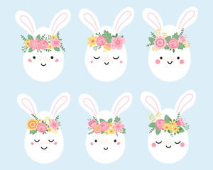 Set cute easter eggs with rabbit ears in pastel colors. Collection spring characters with wreaths flowers in flat style. Illustration for wallpaper, fabric and textiles. Vector