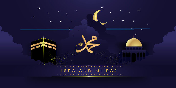 	
Isra and mi'raj arabic calligraphy - mean; two parts of Prophet Muhammad's Night Journey, can use for, landing page, template, ui, web, mobile app, poster, banner, flyer, background