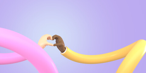 3d rendering, flexible cartoon hands, both hands unite in love Undivided skin color in letters on a purple background