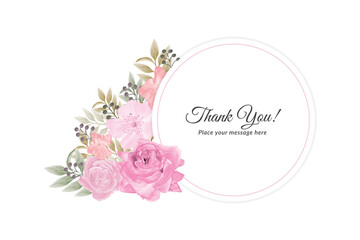 Thank you card with roses floral wreath background with watercolor 