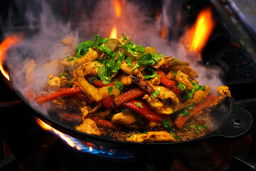 mexican food, chicken fajitas preparing on a hot smoking sizzling plate