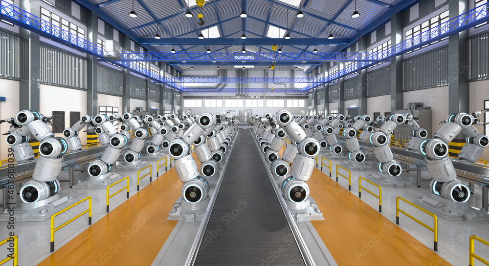 Aufkleber automation industry concept with 3d rendering robot assembly line