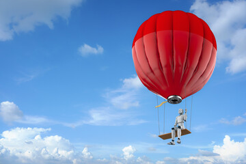 Fototapeta premium Robot on hot air balloon with swing fly in cloudy sky