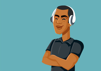Young Man Wearing Headphones Listening to Favorite Podcast Vector Illustration