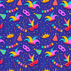 Happy Purim Jewish festival endless background. vector seamless pattern set with carnival elements