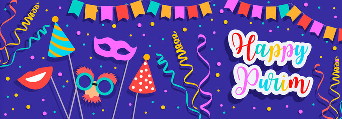 Naklejka premium Banner for Jewish holiday Purim with masks and traditional props. Happy Purim wish, congratulations. Vector illustration
