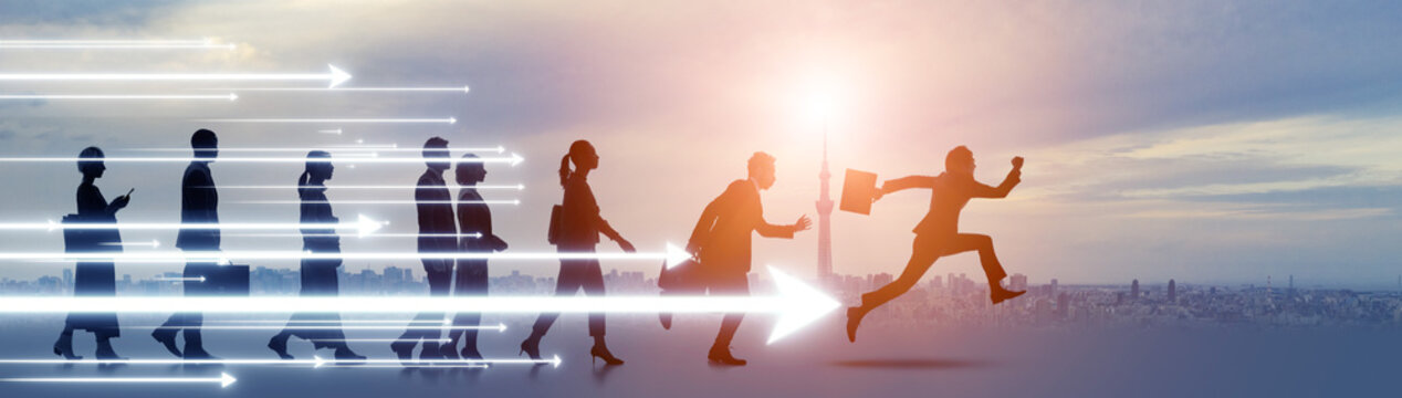 Running group of multi national people. Success of business. Competition.