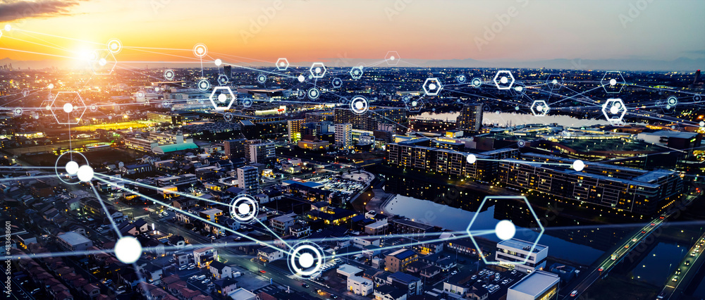 Poster Smart city and communication network concept. 5G. IoT (Internet of Things). Telecommunication. Wide image for banner advertisement ets.