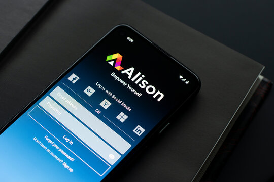 Portland, OR, USA - Jan 19, 2022: Alison Online Courses mobile app login page is seen on a Google smartphone. Alison is a free online education platform with a primary focus on workplace-based skills.