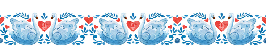 Seamless borders with swans, heart and folklore elements © Anna