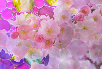 Layered Photo surrealistic art of dreamy soft focus  spring tone feminine floral, atmospheric nature, lily pads, water and smoky images for a unique background with space for copy