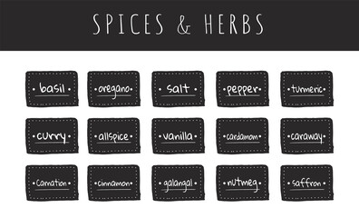 Black and white spices and herbs stickers or food labels for labeling kitchen jars, containers, packages and more. Collection of rectangular frames. Vector illustration