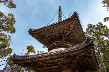 Fototapeta premium 木造の古い多宝塔と青い空