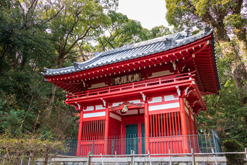 緑の森の中に立つお寺の赤い山門