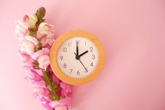 Spring forward concept background. spring flowers and a clock on pink background. Spring time, Spring forward banner, background. wallpaper design elements.