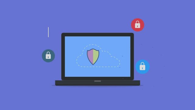 Cloud network security, secure cloud computing technology, data protection on cloud server hosting, cloud storage secure login access, 2d animation 4k video clip.
