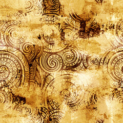 Aged vintage dirty acrylic paint texture with digital line art ornamental seamless pattern. Mixed media artwork. Endless motif for packaging, scrapbooking, textiles, decoupage paper.